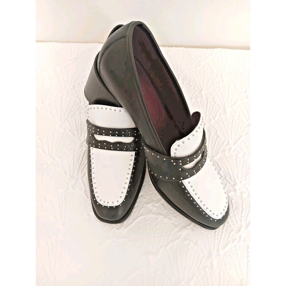 Aerosoles Women's 7.5 Black White Leather Studded Block Heel Ardore Penny Loafer